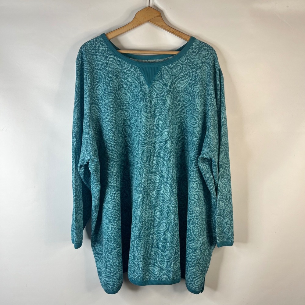 Woman Within Thermal Top Women 5X Teal Blue Paisley Waffle Knit Long Sleeve